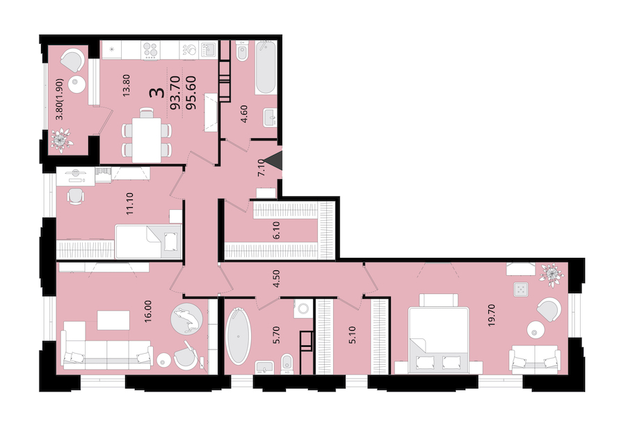 3-комнатная квартира 95.6 м², 4/13 эт., ЖК «Тайм Сквер»